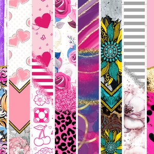 May include: A digital collage of 12 different patterns, including floral, geometric, and abstract designs. The patterns are in various colors, including pink, purple, blue, green, and gold. The patterns are arranged in a vertical strip format.