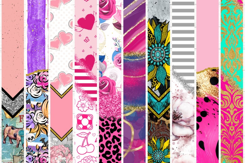 May include: A digital collage of 12 different patterns, including floral, geometric, and abstract designs. The patterns are in various colors, including pink, purple, blue, green, and gold. The patterns are arranged in a vertical strip format.