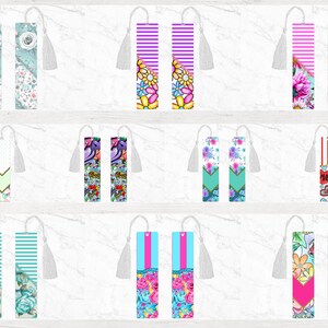 May include: Set of 10 colourful bookmarks with various patterns, including floral, geometric, and abstract designs. Each bookmark features a white tassel.