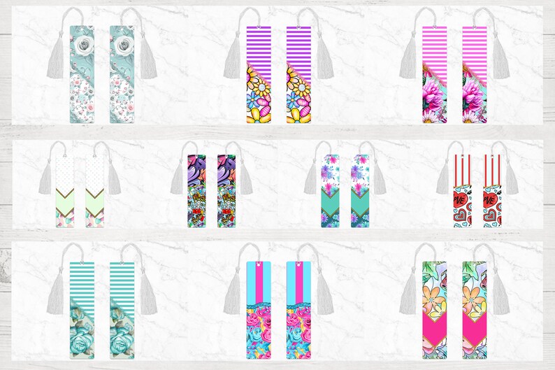 May include: Set of 10 colourful bookmarks with various patterns, including floral, geometric, and abstract designs. Each bookmark features a white tassel.