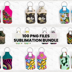 May include: A set of 100 sublimation designs for hand sanitizer keychains. The designs feature various patterns and colors, including floral, geometric, and animal prints.  The designs are perfect for creating unique and personalized gifts.