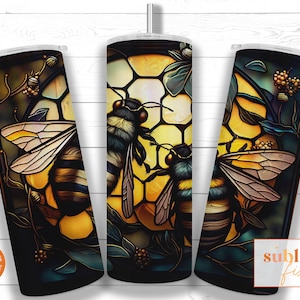 Bee Stained Glass 20oz Skinny Tumbler Sublimation Design Template, Honey Bee Tumbler Straight PNG Digital Download, Tumbler png wrap