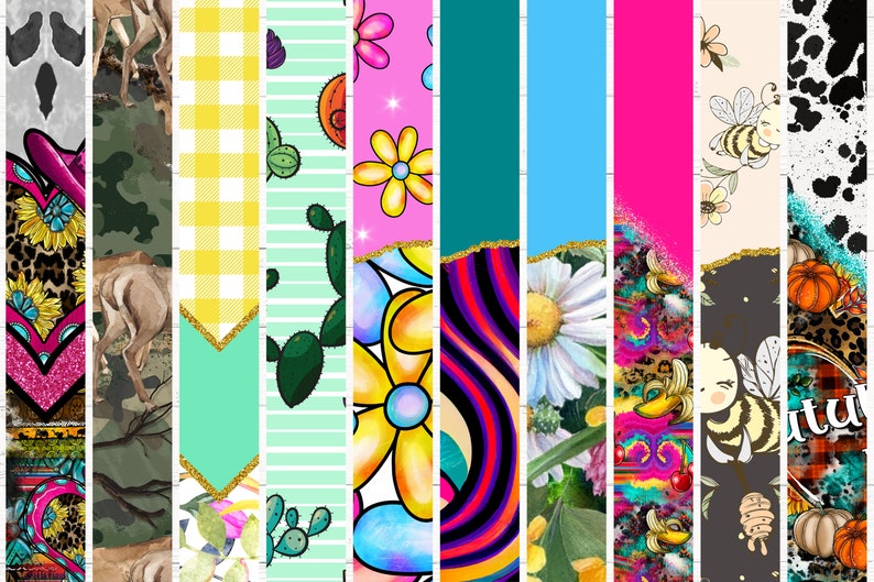 May include: A digital collage of 10 different patterns, including a camouflage pattern with deer, a yellow and white gingham pattern, a green and white striped pattern with cacti, a pink pattern with yellow flowers, a rainbow swirl pattern, a white daisy pattern, a pink and blue pattern with bananas and cherries, a brown pattern with bees, a black and white cow print pattern, and an orange and brown pattern with pumpkins.