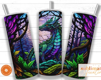 Plantilla de diseño de sublimación de vaso flaco de vidrieras de dragón de 20 oz, descarga digital PNG recta de vaso de dragón, envoltura de png de vaso
