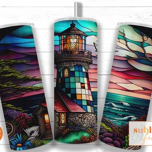 Light House Stained Glass 20oz Skinny Tumbler Sublimation Design Template, Lighthouse Tumbler Straight PNG Digital Download, Tumbler wrap