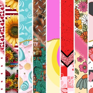 May include: A digital collage of 10 different patterns, including sunflowers, hearts, seashells, rusty metal, and floral designs. The patterns are arranged in a vertical strip, with each pattern separated by a thin gold line.