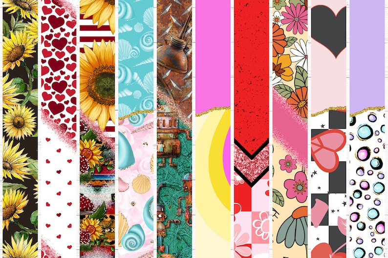 May include: A digital collage of 10 different patterns, including sunflowers, hearts, seashells, rusty metal, and floral designs. The patterns are arranged in a vertical strip, with each pattern separated by a thin gold line.