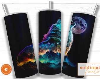 Plantilla de diseño de sublimación de vaso flaco de lobo de tinta de alcohol de 20 oz, envoltura de vaso recto de neón PNG, vaso colorido brillante de Frank