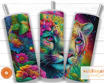 Plantilla de diseño de sublimación de vaso flaco de 20 oz de leopardo de neón, envoltura de vaso recto de neón PNG, vaso colorido brillante de Frank