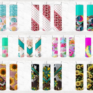 May include: A set of 18 different designs for 20 oz stainless steel tumblers. The designs include floral, geometric, animal print, and tie-dye patterns.