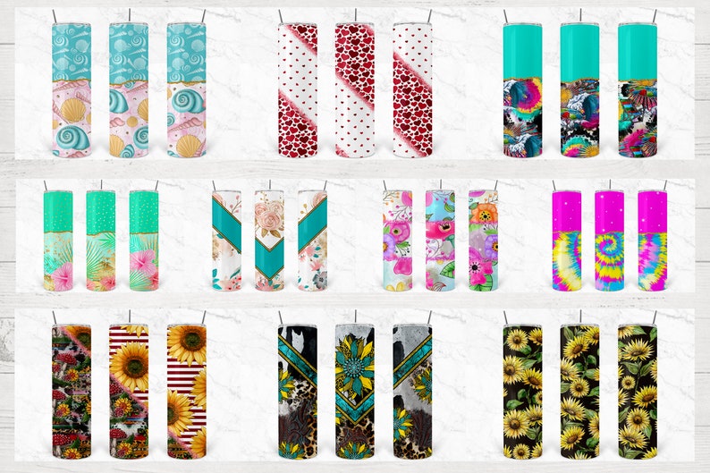 May include: A set of 18 different designs for 20 oz stainless steel tumblers. The designs include floral, geometric, animal print, and tie-dye patterns.