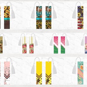 May include: Set of 10 double-sided bookmarks with various designs, including sunflowers, watermelon, flamingo, and floral patterns. Each bookmark has a white tassel.