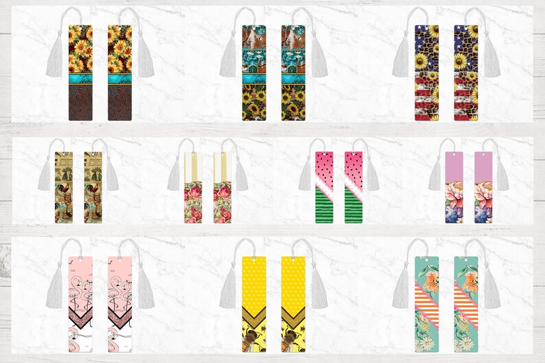May include: Set of 10 double-sided bookmarks with various designs, including sunflowers, watermelon, flamingo, and floral patterns. Each bookmark has a white tassel.