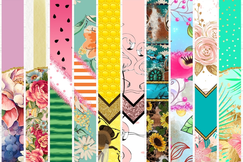 May include: A digital collage of 12 different patterns, each with a unique design. The patterns include floral, geometric, and abstract designs. The colors are bright and vibrant, and the patterns are perfect for use in scrapbooking, card making, and other craft projects.