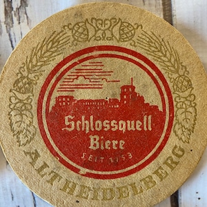 1 Vintage 1753 Heidelberg Schlossquessl Biere, montaña rusa de cerveza alemana, posavasos de cartón cervecería, bar, posavasos de taberna