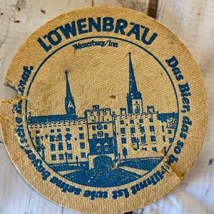 1 Vintage Lowenbrau Wasserburg Inn German Beer Coaster, posavasos de cartón cervecería, bar, posavasos de taberna