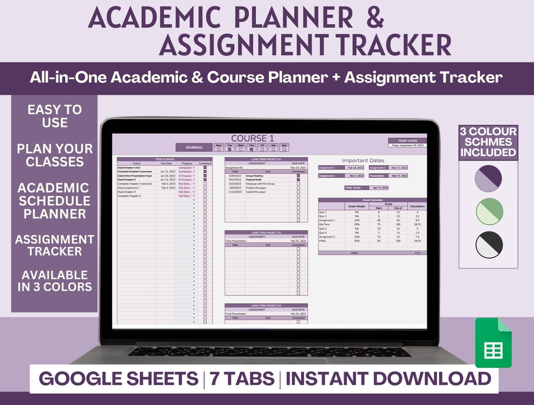 Assignment Tracking Spreadsheet, Academic and Course Planner, Digital ...