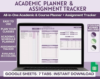 Assignment Tracking Spreadsheet, Academic and Course Planner, Digital Student Planner, School Planner, Course Tracker, Assignment Planner