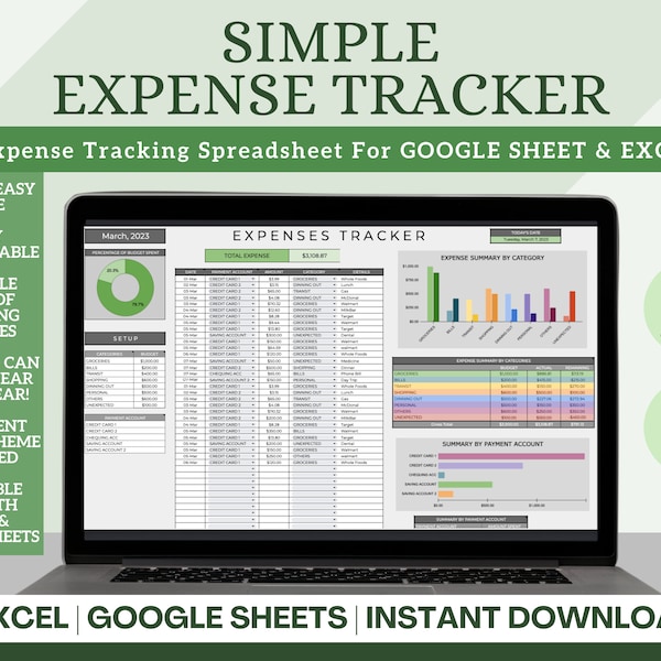 Rastreador de gastos simple para GOOGLE SHEETS y EXCEL / Planificador de presupuesto personal / Rastreador de gastos simple y fácil de usar