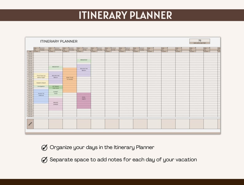 May include: A printable itinerary planner with a grid layout and colored blocks for scheduling activities. The planner has a title that says "Itinerary Planner" and a note that says "Organize your days in the Itinerary Planner" and "Separate space to add notes for each day of your vacation".