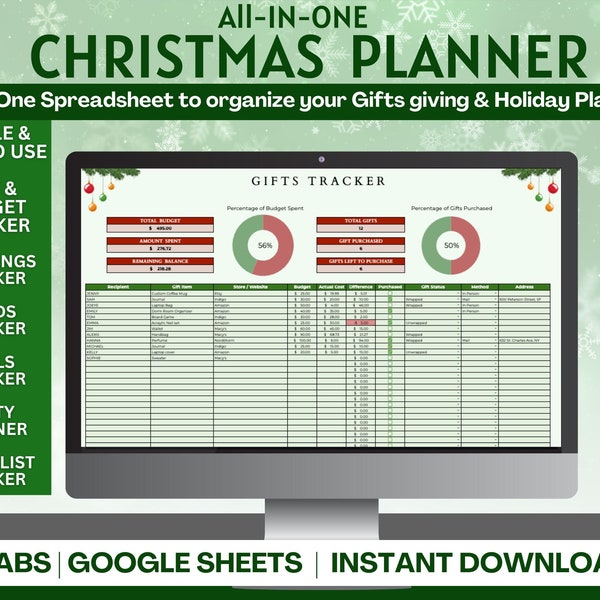 Christmas Planning Spreadsheet, Christmas Gift & Card Tracker for Googlesheet, Christmas Budget Planning, Holiday Planner, Stockings Tracker