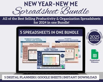 May include: A laptop computer screen displaying five Google Sheets spreadsheets for goal setting, budgeting, habit tracking, workout planning, and credit card management. The text "5 Spreadsheets in One Bundle" is displayed on the screen. The text "2025 Edition" is displayed in a circle on the right side of the screen. The text "5 Digital Planners | Google Sheets | Instant Download" is displayed below the laptop.