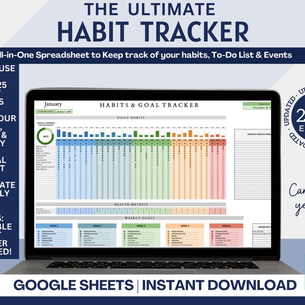 Plantilla de hoja de cálculo de Habit Tracker para Google Sheets, 2024 Habit Tracker imprimible, Goal Tracker, Goal Planner