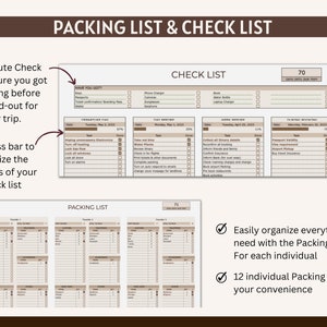 May include: A printable packing list and checklist template with a brown background. The checklist includes sections for "Have You Got It?", "Packing List", and "Check List". The packing list has a progress bar to track your progress. The checklist includes sections for "Pre-Departure", "Journey", and "Post Arrival".