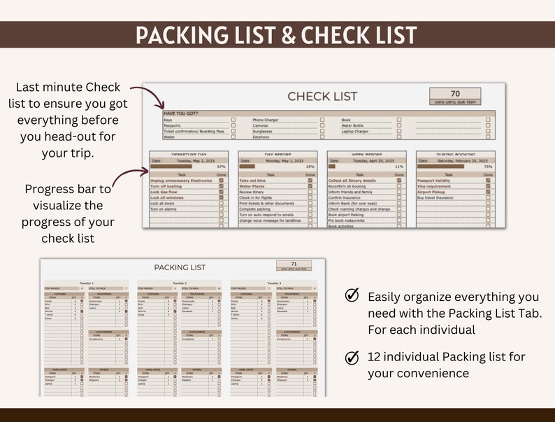 May include: A printable packing list and checklist template with a brown background. The checklist includes sections for "Have You Got It?", "Packing List", and "Check List". The packing list has a progress bar to track your progress. The checklist includes sections for "Pre-Departure", "Journey", and "Post Arrival".
