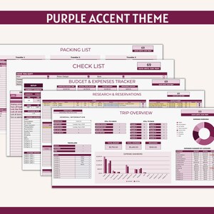 May include: A printable travel planner with a purple accent theme. The planner includes sections for packing lists, check lists, budget and expenses, research and reservations, trip overview, and expense summaries. The planner is designed to help travelers organize and plan their trips.