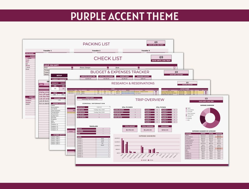 May include: A printable travel planner with a purple accent theme. The planner includes sections for packing lists, check lists, budget and expenses, research and reservations, trip overview, and expense summaries. The planner is designed to help travelers organize and plan their trips.