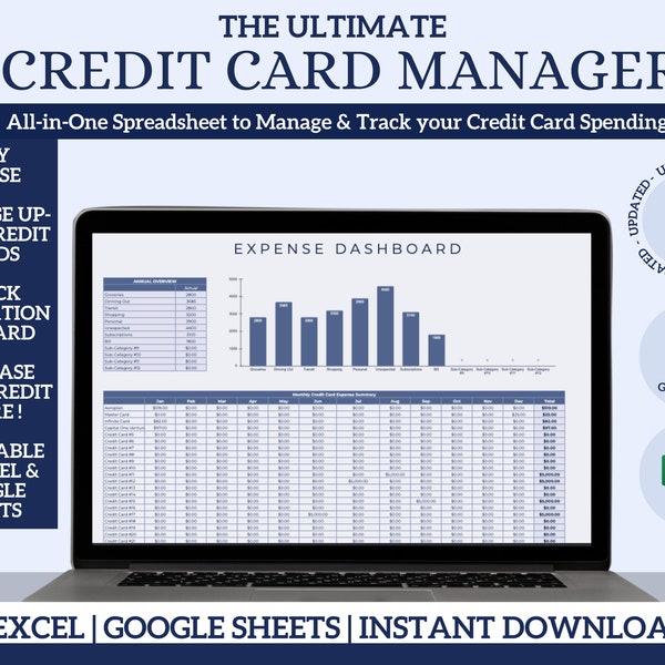 Kreditkarten-Spesen-Tracker für Google Sheets und Excel, Kreditauslastungs-Manager, Budget-Tracking-Spreadsheet, digitaler Budgetplaner