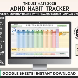 Rastreador de hábitos para el TDAH 2026: Diario, semanal, mensual (Hojas de cálculo de Google)