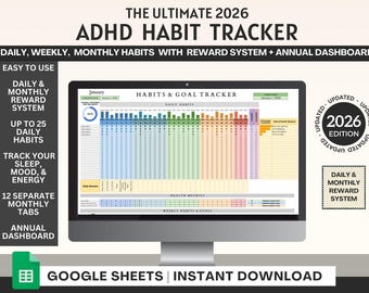 2026 ADHD Habit Tracker: Daily, Weekly, Monthly (Google Sheets)