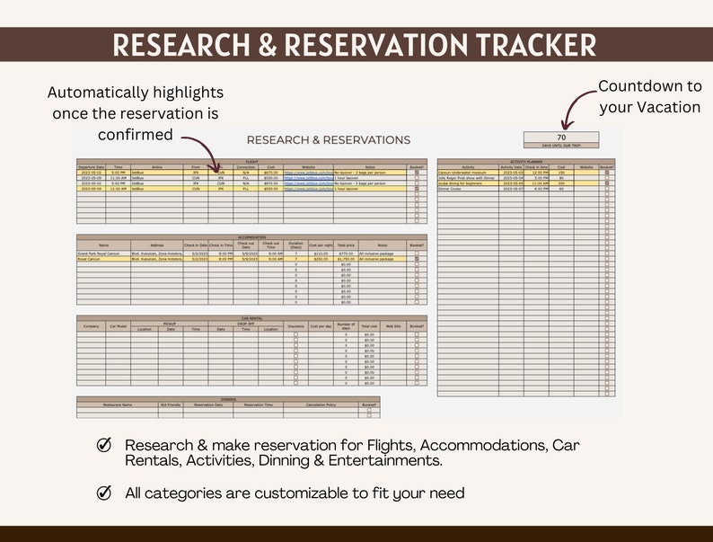 May include: A printable vacation planner tracker with a countdown to vacation. The tracker includes sections for research and reservations for flights, accommodations, car rentals, activities, dining, and entertainment. The tracker also includes a section for activity planning. The tracker is customizable to fit your needs.