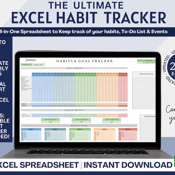Habit Tracker EXCEL Spreadsheet Template, Habit Tracker Printable, Daily, Weekly,Monthly, Goal Tracker, Excel, Goal Planner