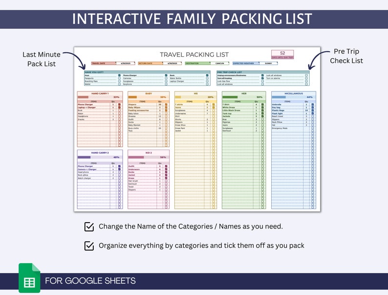 Editable Travel Packing List: Interactive Google Sheets, Printable PDF ...