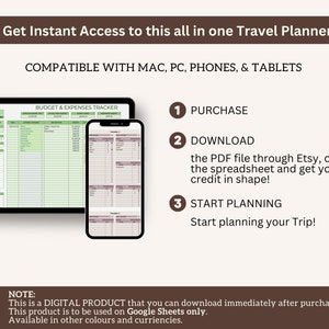 May include: A digital travel planner spreadsheet template on a computer screen and a phone. The spreadsheet is green and white with the text "BUDGET & EXPENSES TRACKER". The phone screen shows a similar spreadsheet in pink and white. The text "Get Instant Access to this all in one Travel Planner" is at the top of the image. The text "COMPATIBLE WITH MAC, PC, PHONES, & TABLETS" is below the image of the computer screen. The text "NOTE: This is a DIGITAL PRODUCT that you can download immediately after purchase. This product is to be used on Google Sheets only. Available in other colours and currencies." is at the bottom of the image.