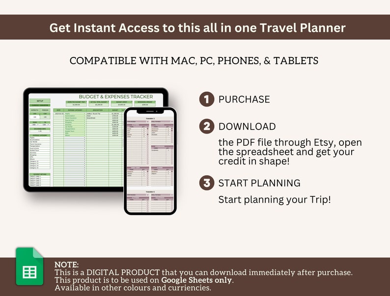 May include: A digital travel planner spreadsheet template on a computer screen and a phone. The spreadsheet is green and white with the text "BUDGET & EXPENSES TRACKER". The phone screen shows a similar spreadsheet in pink and white. The text "Get Instant Access to this all in one Travel Planner" is at the top of the image. The text "COMPATIBLE WITH MAC, PC, PHONES, & TABLETS" is below the image of the computer screen. The text "NOTE: This is a DIGITAL PRODUCT that you can download immediately after purchase. This product is to be used on Google Sheets only. Available in other colours and currencies." is at the bottom of the image.
