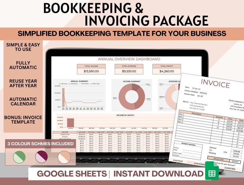 Invioce Graph Easy Bookkeeping & Invoice Template: Small Business Expense Tracker ...