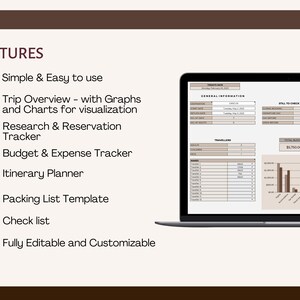 May include: A screenshot of a computer screen showing a spreadsheet with the title "Trip Overview". The spreadsheet includes sections for general information, travelers, budget, expenses, and an expense dashboard. The spreadsheet is designed to help users plan and track their travel expenses.