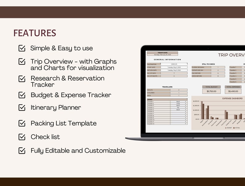 May include: A screenshot of a computer screen showing a spreadsheet with the title "Trip Overview". The spreadsheet includes sections for general information, travelers, budget, expenses, and an expense dashboard. The spreadsheet is designed to help users plan and track their travel expenses.