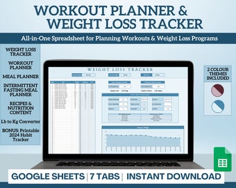 Puede incluir: Una pantalla de computadora portátil que muestra una hoja de cálculo de Google Sheets titulada "Weight Loss Tracker". La hoja de cálculo incluye pestañas para el seguimiento de la pérdida de peso, la planificación de entrenamientos, la planificación de comidas, la planificación de comidas de ayuno intermitente, recetas y contenido nutricional, y un convertidor de libras a kilogramos. La hoja de cálculo también incluye un gráfico que muestra el progreso de la pérdida de peso a lo largo del tiempo. La imagen incluye el texto "2 Colour Themes Included" y un icono de Google Sheets.