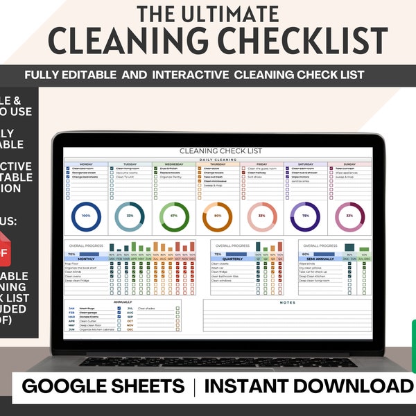 Cleaning Checklist Spreadsheet Template for Google Sheets, Cleaning schedule planner, Printable Cleaning Template, Housekeeping Chore List