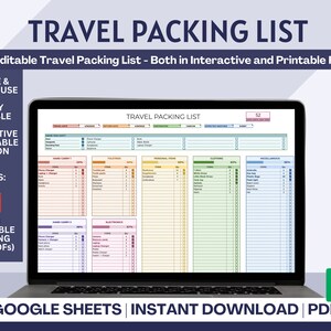 Travel Packing List Editable Template | Packing List for Googlesheets | Printable Packing List | Vacation Spreadsheet | Holiday Packing List