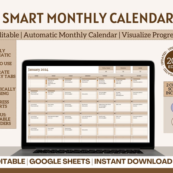 2024 Editable Calendar | Automated Monthly Calendar | Task Planner Spreadsheet | Productivity Planner | Task Tracker | Goal Tracker