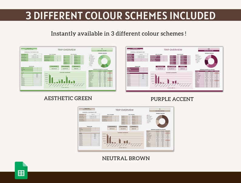 May include: Three different color schemes for a spreadsheet template. The template is titled "Trip Overview" and includes charts and graphs. The color schemes are "Aesthetic Green", "Purple Accent", and "Neutral Brown".