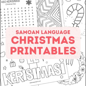 May include: A set of printable Christmas activities in the Samoan language. The printable sheets feature a word search, a connect-the-dots, a coloring page, and a word puzzle. The title of the printable sheets is "Samoan Language Christmas Printables".