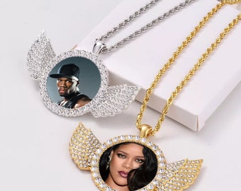 Custom Made Photo Diamond Studded Angel Wings Necklace, Hip Hop Round Necklace, Jewelry Gift for him/her