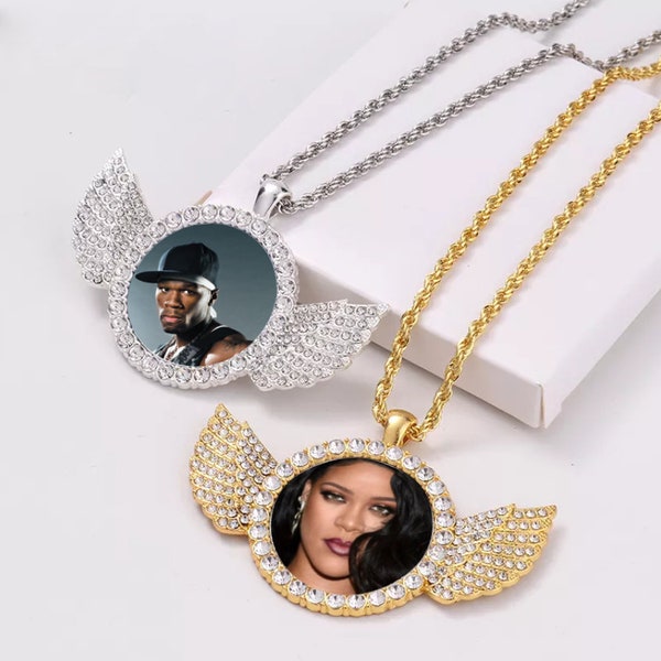 Custom Made Photo Diamond Studded Angel Wings Necklace, Hip Hop Round Necklace, Jewelry Gift for him/her